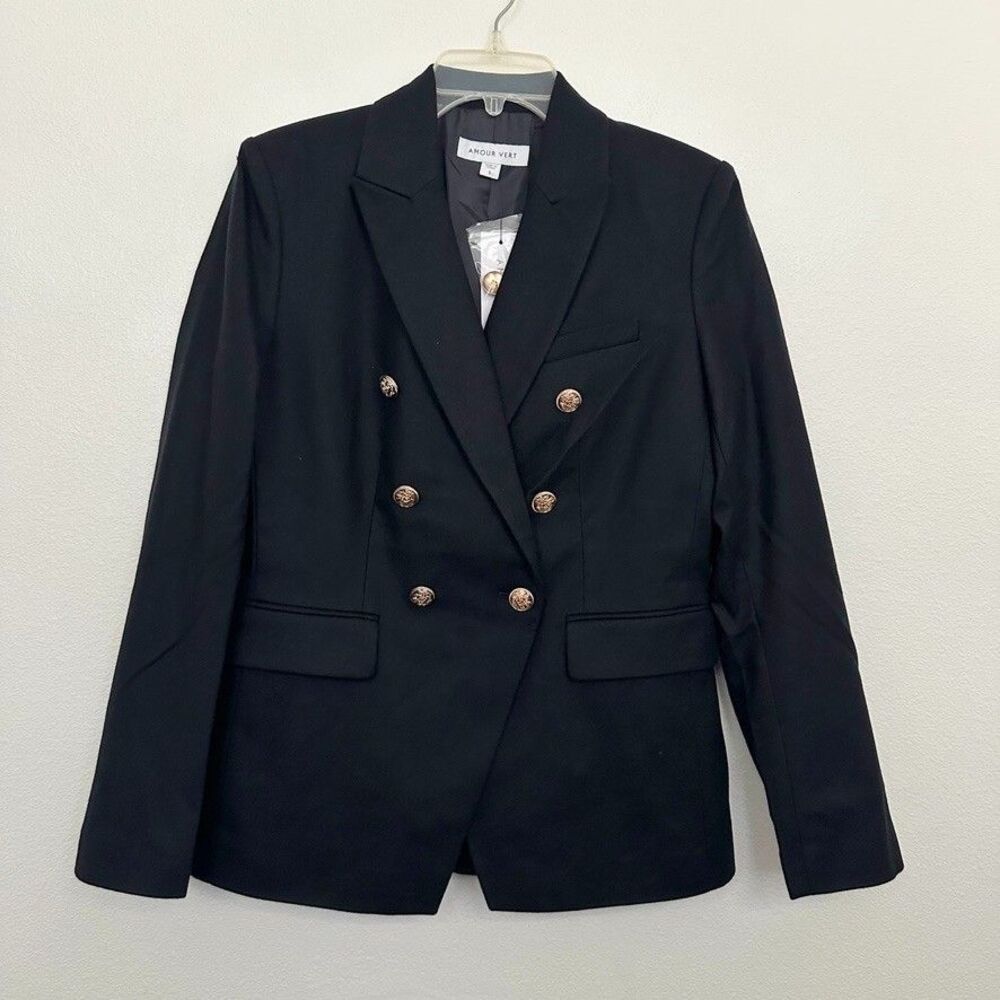 NWT Amour Vert Tobie Double Breasted Blazer Shoulder Pad Navy Nautical Women's S - Picture 2 of 13